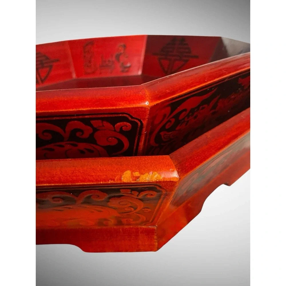 Vintage Korean Red Octagon Wooden Stack Serving Platter Trays Bowl Set Of‎ 2